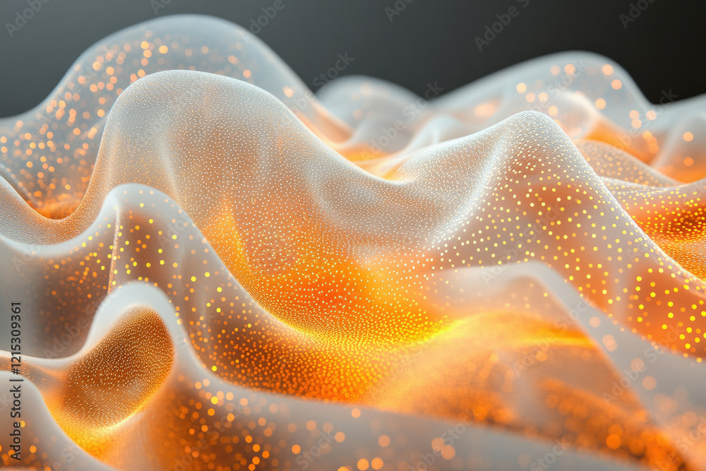Poster abstract digital landscape with flowing fabric-like texture illuminated by warm, glowing particles.