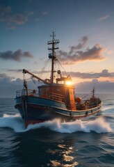 Fototapeta premium Fishing trawler in the blue sea at dawn with propeller, harbor, diesel engine, clouds