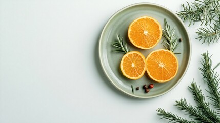 Festive orange slices, rosemary, spices on plate, winter background, food blog