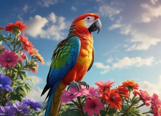 Obraz premium Colorful parrot perched on a colorful flower with a bright blue sky in the background , , petals