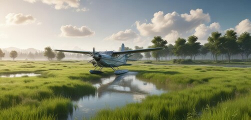 Flying seaplane against a backdrop of endless green grasslands with few trees in sight , aerial view, empty space