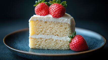 Vanilla cake, strawberries, plate, dark background, dessert