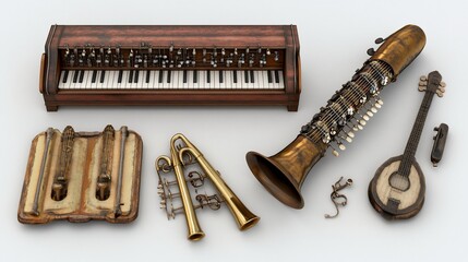 Antique musical instruments studio shot, vintage keyboard, brass, banjo