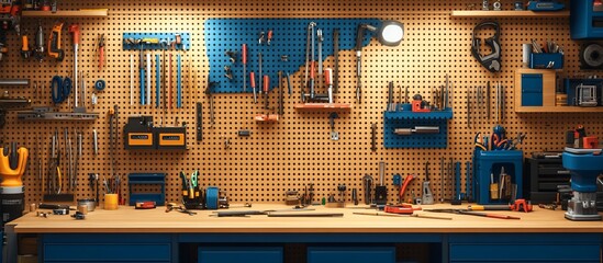 Well-lit workshop workbench with pegboard tools