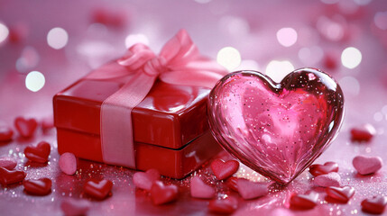 Fototapeta premium Romantic Gift Red Box Pink Heart Valentines Day
