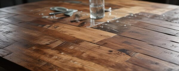 Fragmented reflections on a worn wooden table, mirror, autumnal hues