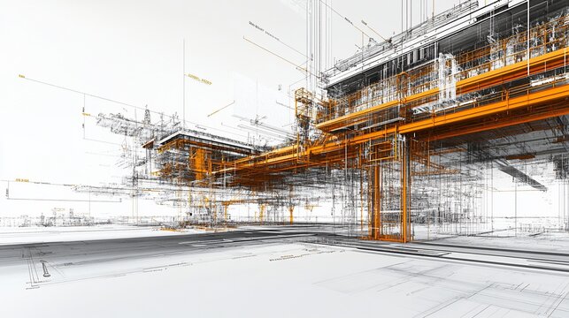 Orange industrial structure wireframe model design, architectural visualization, rendering
