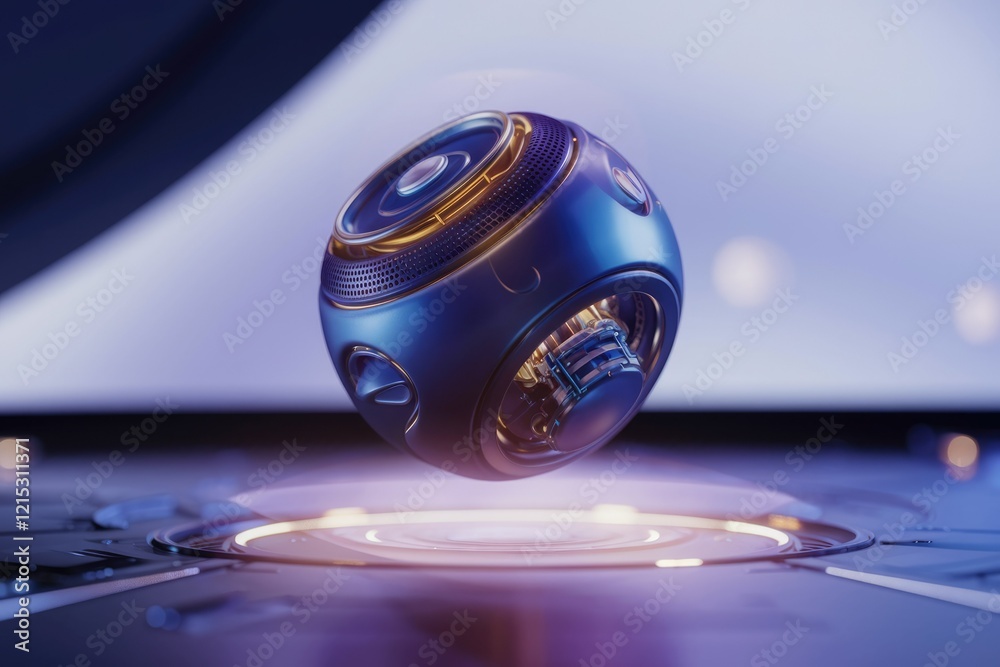 Poster futuristic metallic sphere with intricate internal mechanisms, levitating above a glowing surface.