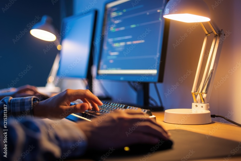 Aufkleber A programmer's hands actively coding on a keyboard in a dimly lit workspace.