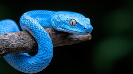 Fototapeta premium Closeup of blue snake on the branch, with dark background 
