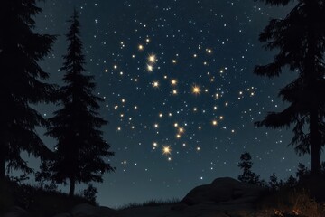 Starry night sky over forest with visible constellations and twinkling stars