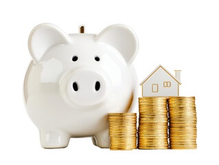 Isolated Piggy Bank with Coins and House