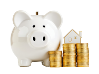 Isolated Piggy Bank with Coins and House