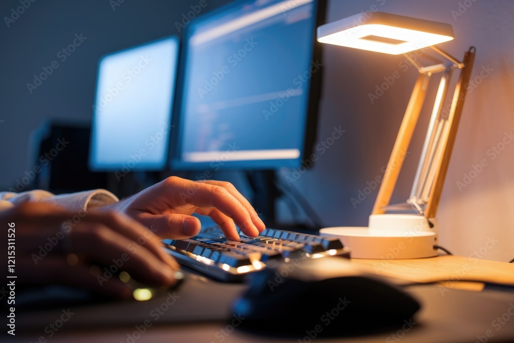 Poster person working late at night on computer, illuminated by desk lamp, focused on coding.
