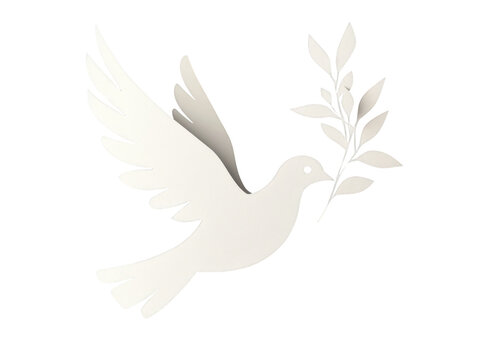 White cutout of a peace dove flying with an olive branch in its beak. Transparent background - Powered by Adobe
