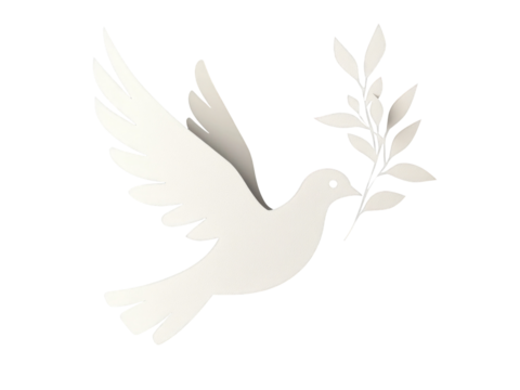 White cutout of a peace dove flying with an olive branch in its beak. Transparent background