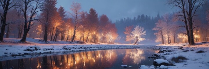 Naklejka premium Frosty riverbank with snow-covered trees and twinkling lights , icy landscape , winter scene