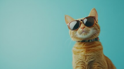 Confident ginger cat wearing stylish sunglasses and a patterned collar against a turquoise background, perfect for creative advertising, summer campaigns, and trendy branding