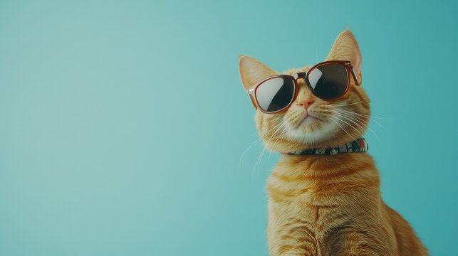 Confident ginger cat wearing stylish sunglasses and a patterned collar against a turquoise background, perfect for creative advertising, summer campaigns, and trendy branding