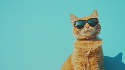 Confident ginger cat wearing black sunglasses against a bright turquoise background, perfect for summer-themed branding, creative advertising, and stylish marketing projects