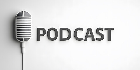 Podcast microphone and text on white background. Simple, clean design ideal for podcasting promotion, broadcasting, or audio content.