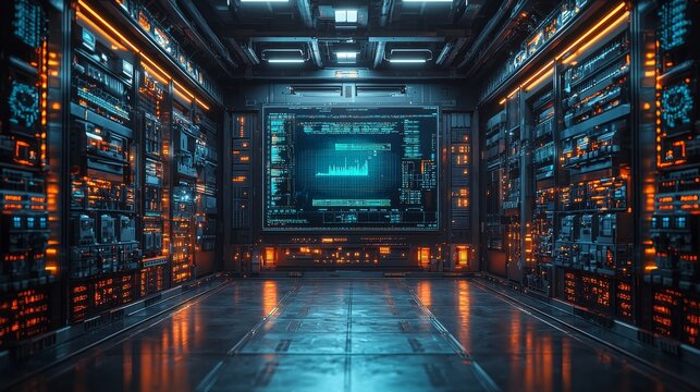 Futuristic warehouse interior illuminated by augmented reality displays, with packages highlighted for easy identification and a technologically advanced logistics system featuring a blue neon glow