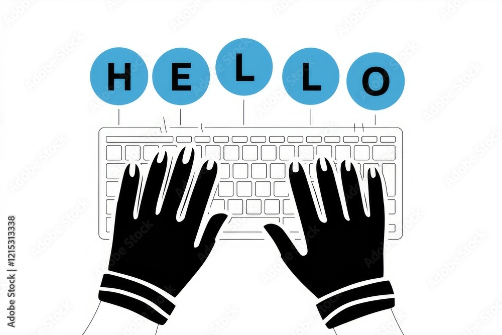 Poster two hands typing the word hello on a keyboard, a simple digital illustration.
