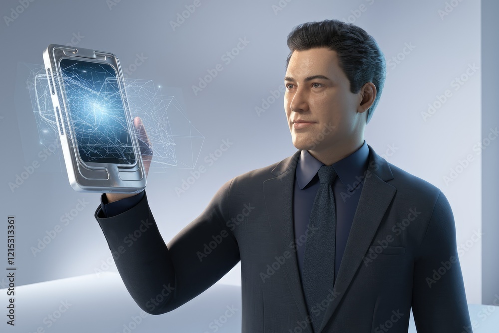 Poster businessman interacts with a futuristic tablet displaying a network of connections.