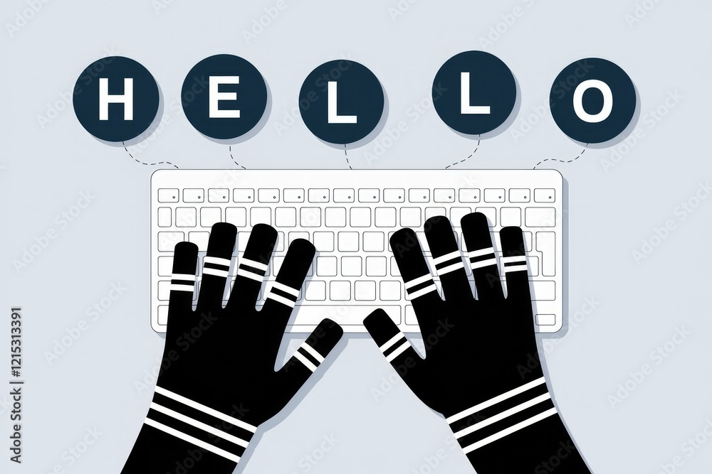 Poster gloved hands type 'hello' on a keyboard, symbolizing online communication or hacking.