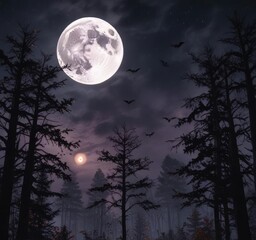 Dark and eerie forest with bats flying around a glowing full moon shining through the darkened sky, mysterious, shadows