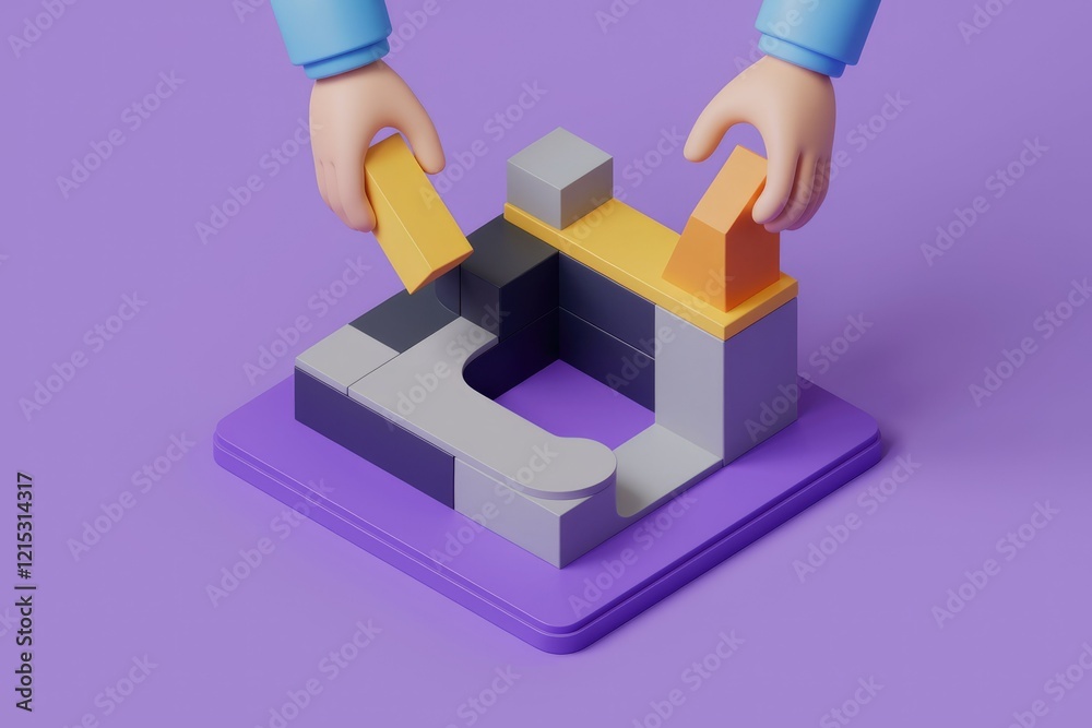 Aufkleber 3D rendered image of hands assembling colorful blocks into a structure, representing problem-solving and creative construction.