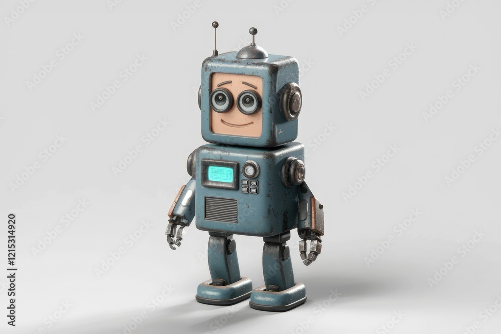 Poster a cute, vintage-style robot with a boxy design and a friendly face, standing on a light gray backgro