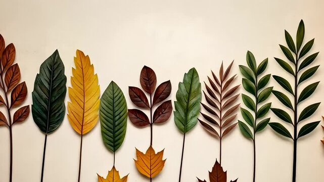 Various colorful autumn leaves arranged in a row against a neutral background, perfect for fall themes and Thanksgiving decorations