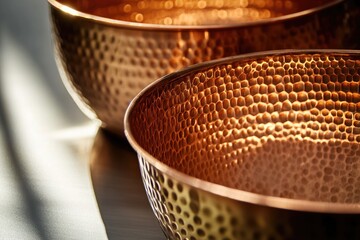 Two hammered copper bowls, reflecting light, showcasing intricate texture and metallic sheen.