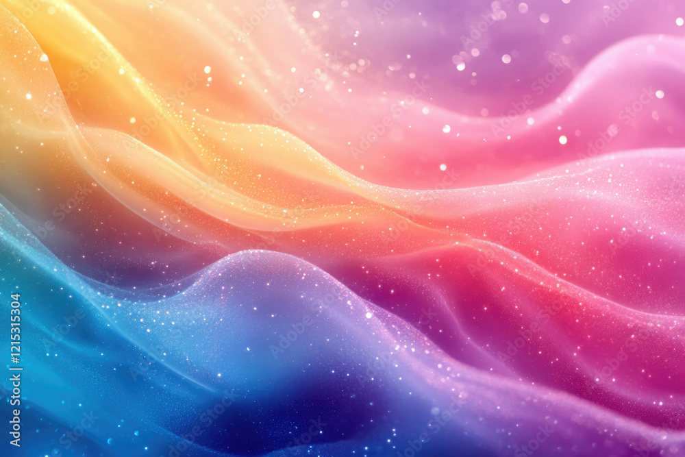 Poster abstract pastel fabric with glittering texture, creating a dreamy, colorful wave pattern.