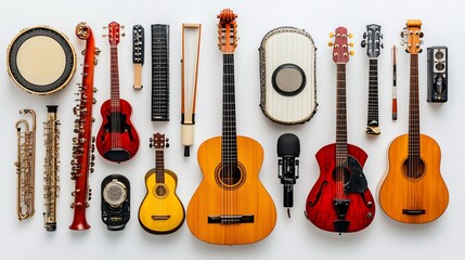 Fototapeta premium Diverse instruments arranged on white background, studio shot, music production concept