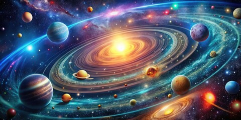 Cosmic explosion of stars and planets in a swirling spiral pattern with vibrant colors and twinkling lights, mesmerizing cosmos, celestial bodies, colorful explosion