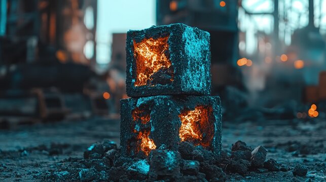 Glowing cubes on slag at industrial site with machinery in background