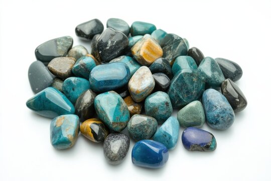 Stunning collection of chrysocolla mineral specimens showcasing vibrant colors and unique textures on a pristine background