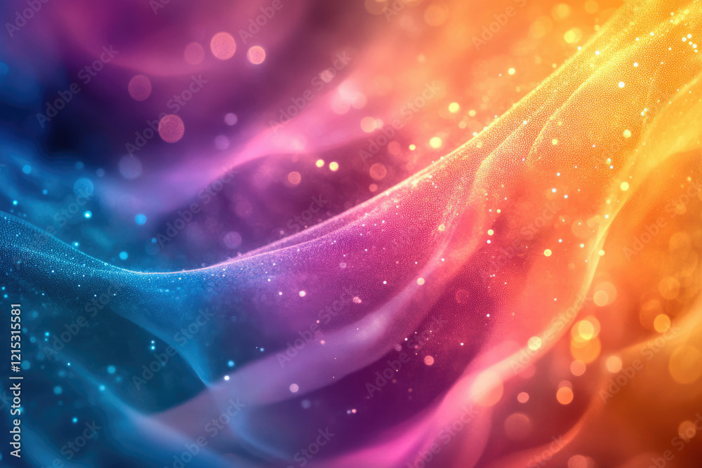 Poster Abstract colorful waves with glowing particles and bokeh lights, creating a dreamy and vibrant atmosphere.