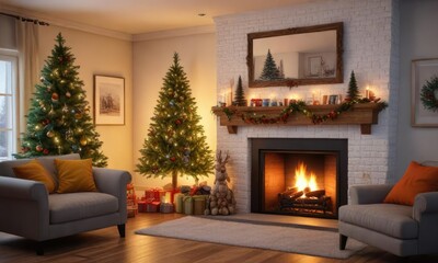 Cozy living room with a festive fireplace and Christmas tree, fireplace, crackling flames