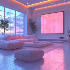 A modern interior design approach incorporates AR technology. Inside, a large screen presents an apartment layout with a bedroom. Users can place furniture virtually in the room via a tablet
