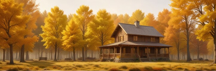 Obraz premium Cozy wooden house nestled among golden yellow autumn trees, natural beauty, wooden houses