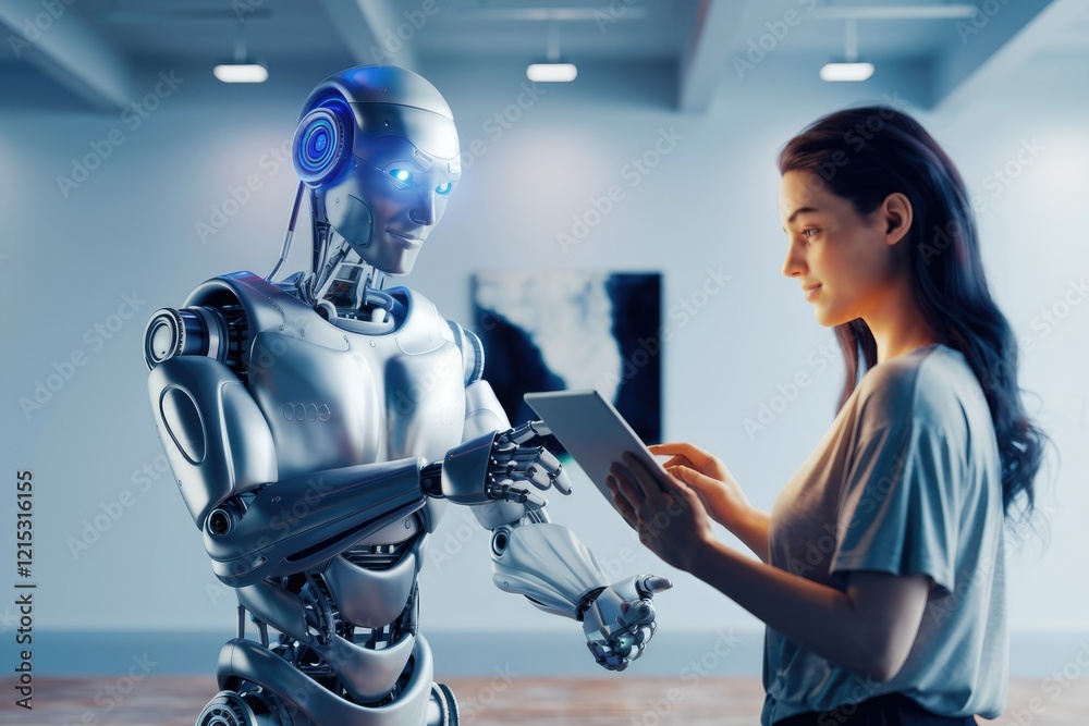 Poster a woman interacts with a sophisticated humanoid robot, utilizing a tablet for communication and coll