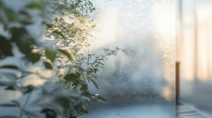 Frosted glass sunlit plants indoor garden backdrop