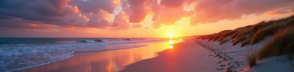 Obraz premium Sunrise over Langeoog's pristine beach, soft sand , Germany, sea, holiday