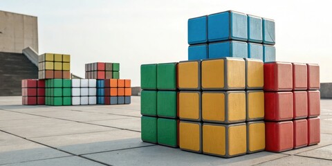 Cubes with different colors and shades stacked on top of each other, colorful arrangement, multicolored abstract background, creative visuals, layered effect