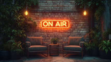 On Air Neon Sign Studio Lounge  Brick Wall  Plants  Chairs
