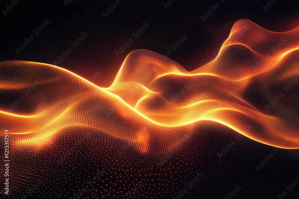 Poster Abstract golden glowing particle wave flowing smoothly on a dark background.