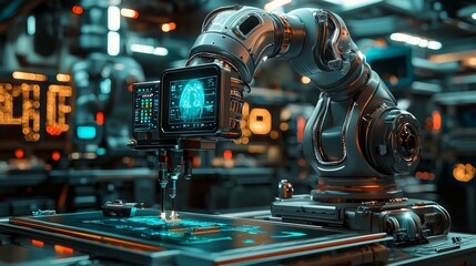Fototapeta premium Craftsmanship digitalization, workshop environment, modern tools, precise machinery, AR overlays, digital plans, remote teamwork, efficiency enhancement